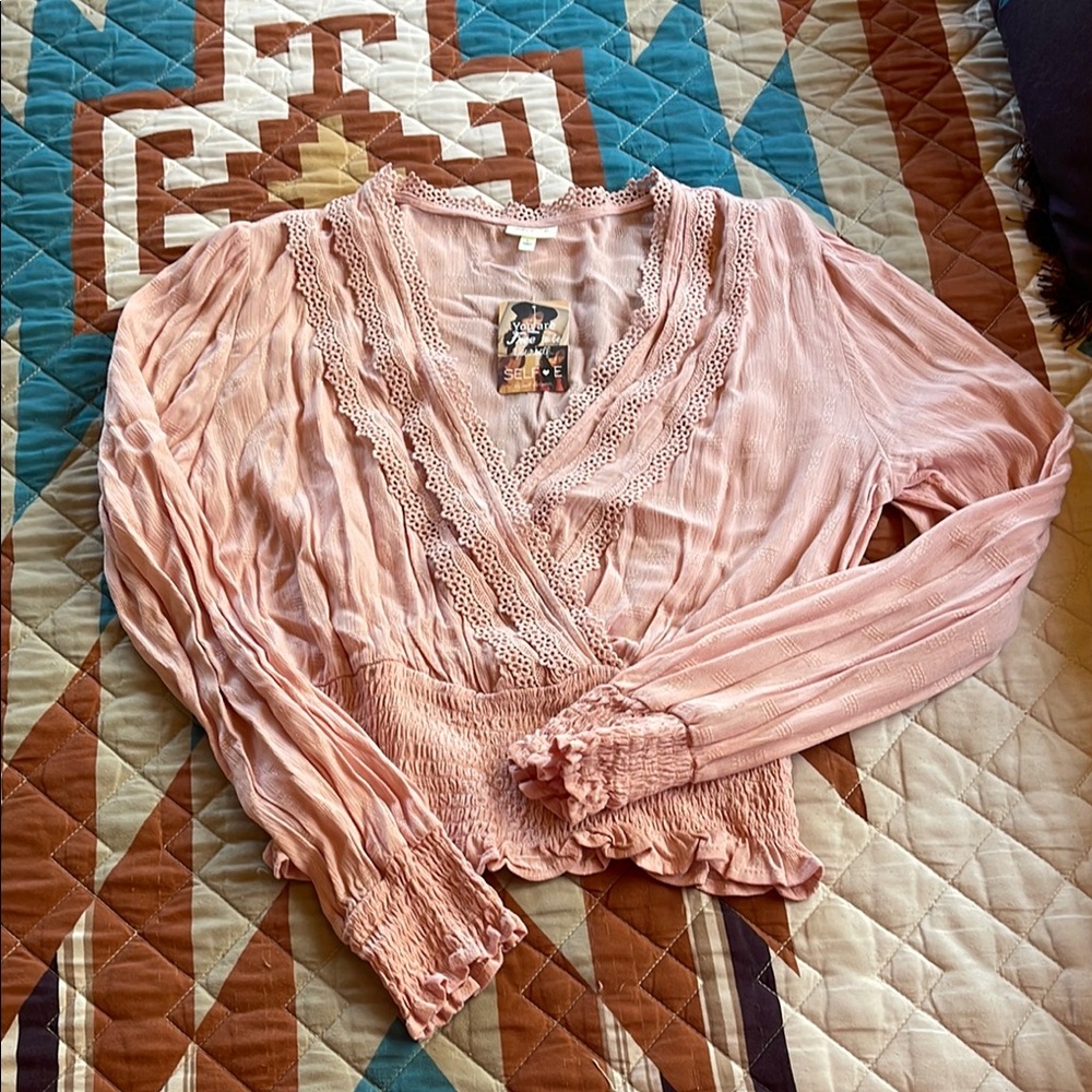 Elegant Pink Lace Trim Blouse